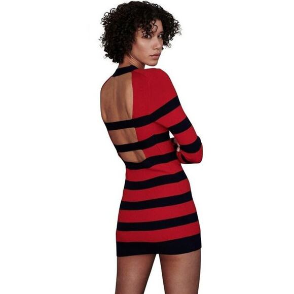 Monse Large Striped Cut Out Knit Mini Dress Red Black Wool Blend Long Sleeves - Picture 2 of 11